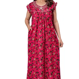 hargun night wear HARGUN Cotton Nightgown, Floral Print, Short Flutter Sleeves, Navy Blue and Gold, Full Length with Pockets image 1