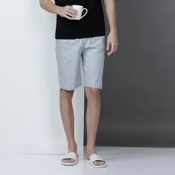indo cotton Men's Patterned Cotton Lounge Shorts, Knee Length, Light Grey, Casual Sleepwear image 2
