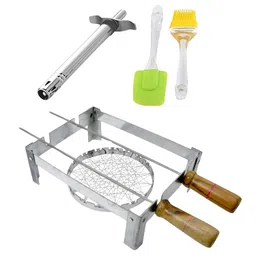 Sangpri Small Barbeque Grill Set Combo - 1 Foldable Chhota Tandoor Stand with 2 Skewers & 1 Gas Grill Jali | 1 Stainless Steel Lighter for Gas Stove | 1 Silicone Spatula Brush and 1 Oil Brush image 1