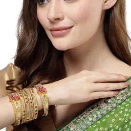 sukkhi Traditional Gold Plated Red And Green Kada Bracelet Bangle Jewellery Set for Women & Girls image 2