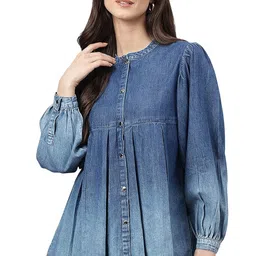 janasya Women's Blue Denim Faded Flared Top image 1