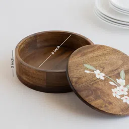 aurum crafts Bella Mango Wood Roti Box | Wooden Handpainted Chapati Box for Kitchen | Wooden Casserole with Handpainted Flower design Lid (Size - 8in x 8in x 3in) image 3