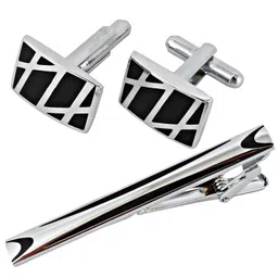 lucky jewellery Men Jewelry Silver Plated Black Color Cufflink Formal Sleeve Button Cuff Shirt Button, Suit, Blazer Cufflinks and Tie Pin Combo Gift Set For Men (610-CHC5-1005-S) image 1