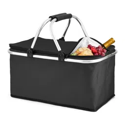 angju Insulated Large Picnic Basket 35L- Strong Aluminum Frame Waterproof Lining Design for Easy Storage - Take it Camping, Picnicking, Lake Trips or Family Vacations - Keeps Food Cold -DHBlack image 1