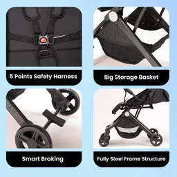 TinyBerg B-Wagon Baby Stroller, Soft-Touch Fabric & Sleek Design, 360° Wheels with Shock Absorbers, Protective Cover, 5-Point Safety Harness, Food Tray & Foot Brake, Smooth Ride on Any Terrain (Black) image 3