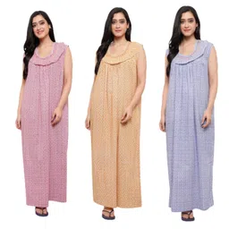 cierge Women's Cotton All Over Print Maxi Sleeveless Smoking Nighty (Free Size; Pack of 3) Multicolour image 1