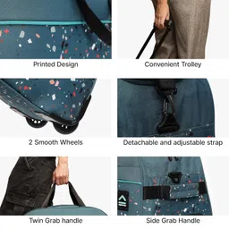 uppercase Terra 62 Polyester Duffle Trolley Bag| Quick Front Pocket Access| Detachable And Adjustable Shoulder Strap| Smooth Wheels|Push Button Trolley|For Women & Men|1500 Days Warranty (Teal), Blue image 4