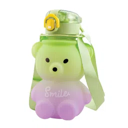 Koochie-Koo Teddy Bear Plastic Water Bottle for Kids, Push Button Open Kids Water Bottle with Straw, Sipper Bottle for Kids with Adjustable Strap and Stickers, 800ml, (Pack of 1, Green) image 1