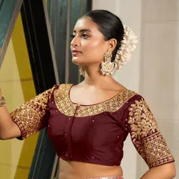 pujia mills Women's Heavy Embroidery Coding with Sequins Work Half Sleeves Fancy Readymade Saree Blouse image 3
