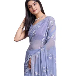 ekasya Women Simmer Chiffon Blue Floral Pattern Embroidery Work Saree with Unstitched Blouse - Elegant Design, Intricate Floral Embroidery, Lightweight, Perfect for Weddings, Parties image 1