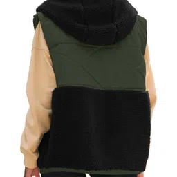 nirovien Womens Oversized Quilted Vest Color Block Fleece Vest Button Down Padded Outwear Removeable Hooded with Pockets image 4