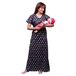 ankona Feeding Nighty in Pure Cotton with 3 zips First Zip on Neck for Comfortable Wearing & Other 2 zips on Front for Feeding Purpose Maternity Nighty Cotton Feeding Nighty Baby Feeder Zipper Nighty image 1