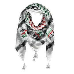 Palestine Keffiyeh Arafat Scarf, White and Grey with Embroidered Pattern, Red and Green Indian Accents, Tasseled Edges image 1