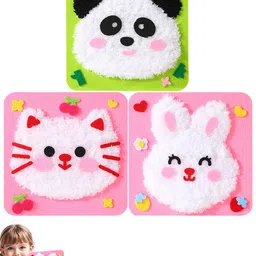 inocean 3PCS Embroidery Kit for Kids, DIY Cartoon Craft Set with 3 Animal Designs, Complete Embroidery Kit for Beginners, Includes Cat Rabbit Panda Patterns, Creative Embroidery Kit for Kids Activity image 1