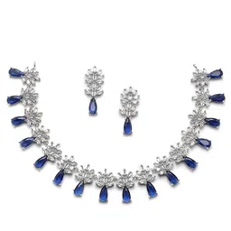 zeneme Rhodium-Plated Silver Toned Teardrop Shaped American Diamond Studded Necklace Earrings Jewellery Set for Girls and Women image 1