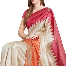 rani saahiba Women's Printed Art Tussar Silk Zari Border Saree With Blouse Piece image 3