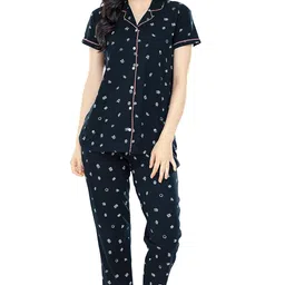 zeyo Women's Cotton Printed Relaxed Night Suit Set Of Shirt & Pyjama 5262 image 1