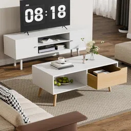 Cozy Castle Modern Coffee Table, Wooden Cocktail Table with Storage, Minimalist Hallway Table, Mid Century Modern Coffee Table for Living Room Apartment Reception, White image 5