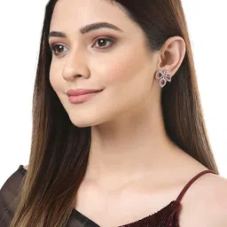 zeneme Leaf Shaped Rhodium Plated American Diamond Stud Earring For Women And Girls image 4