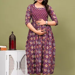 Women's Floral Printed Anarkali Maternity Cotton Feeding Kurti & Maxi Dress - 3/4 Sleeve, Casual Ethnic Wear image 4