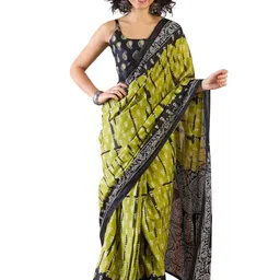 saree mall Women's Blue Cotton Bandhani Printed Ready To Wear one Minute Saree With Unstitched Blouse image 1
