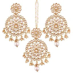 i jewels 18K Gold Plated Traditional Kundan & Pearl Studded Chandbali Earrings With Maang Tikka Set (TE2462) image 1
