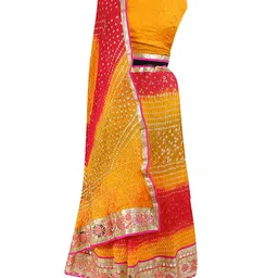 pk hub Women's Art Silk Rajasthani Bandhej stitched Ready to wear Lehenga Choli with Dupatta set image 1