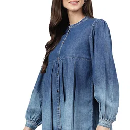 janasya Women's Blue Denim Faded Flared Top image 4