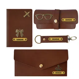mekhush Personalized Women’s Gift Combo with Leather Long Wallet, Passport Cover, Sunglasses Case and Keychain; Giftset for Valentines, Birthdays & Wedding Anniversary (Brown) image 1