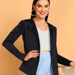 fashfun clothing Fashfun Women's Navy Blue Solid Blazer with Puff Sleeve image 5