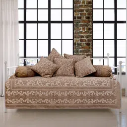 Victor Coral Fabric Soft Finish Splash Woven Jacquard Diwan Set - 8 Pcs (Bed Cover - 60"x90", 2 Bolsters - 16" x 32" & 5 Cushion Covers - 16" x 16") Mouse image 1