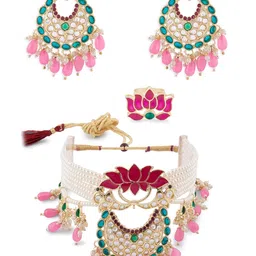 zaveri pearls Green & Pink Meenakari Lotus Multistrand Pearls Choker Necklace Earring & Ring Set For Women-ZPFK14831 image 1
