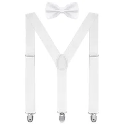 habibee Solid Color Mens Suspender Bow Tie Set Clip On Y Shape Adjustable Braces (White) image 1