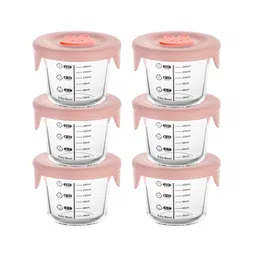 yanci YANCI® 180ml Borosilicate Glass Baby Food Storage Jars with Silicone Lid | Strong Glass | Microwave, Oven & Dishwasher Safe | Infant and Babies, Pink, Round, Pack of 6 image 1