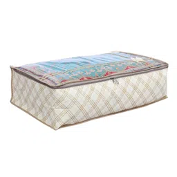 Kuber Industries Lehenga Cover | Non-Woven Gown Cover | Check Bow Pattern Garment Cover | Salwar Suit Cover with Top Transparent | Large | Cream image 1