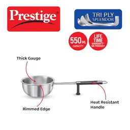 Prestige 13cm/550ml Tri-Ply Stainless Steel Splendor Tadka Pan|Gas & Induction Compatible| Rimmed Edge| in-Built Stand| Heat Resistance Handle| Thick Gauge image 2