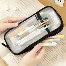 easthill Grid Mesh Pen Pencil Case with Zipper Clear Makeup Color Pouch Cosmetics Bag Multi-Purpose Travel School Teen Girls and Boys Transparent Stationary Bag Office Organizer Box for Adluts(White image 2
