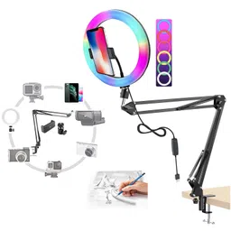 BROLAVIYA Overhead Video Mobile Stand with RGB Color 10inch Ring Light, Metal Arm,1/4" Male Adaptor for Camera,Gopro,Mobile Bracket for Video,Desktop,Bedroom, Office image 1