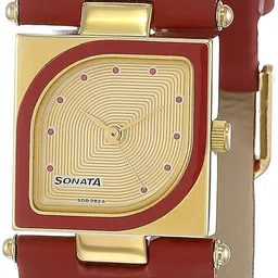 sonata Quartz Analog Champagne Dial Leather Strap Watch for Women-NS8919YL04 image 1