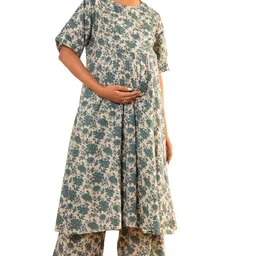 janasya Women's Pure Cotton Floral Printed Maternity Kurta Set image 1