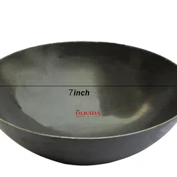 Olrada Iron Kadhai Deep Bottom Kadai, Frying Kadhai with Golden Rings,Black 7inch (Capacity 1L) image 2