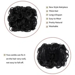 hair wala HAIR WALA™ Short Double Combs Faux Messy Curly Wavy Hair Extensions Bun Piece Up Do Drawstring Ponytail Clip in Comb Hair Extensions Chignon Black Color image 3