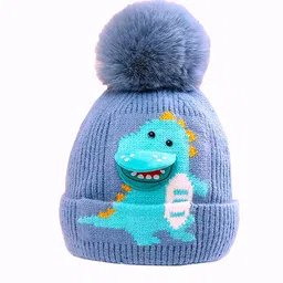 Adorazone Boy's & Girl's Super Warm Winter Woolen Skull Beanie Cap with Fur Inside | Cartoon 3D Dinosaur Knitted Hat with Pompom (Age: 2 Years to 8 Years) image 1