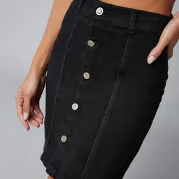 miss chase Women's Black Stretchable Solid A-line Mini Denim Skirt image 5