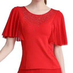 bnf® Elegant Women Dance Tops Bell Sleeves Short Sleeve for Cha Cha Practice Tops XL Red image 2