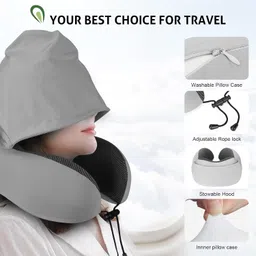 Jukkre Memory Foam Pillow for Travel with Hood, Adult Airplane Portable Pillow for Head Rest Neck Support, Office Cars Trains Long Flights Sleeping image 4