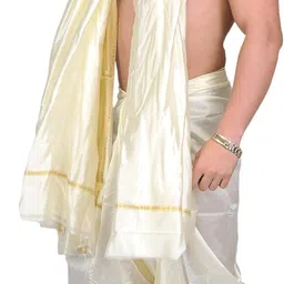exotic india Cream Dhoti and Angavastram with Golden Woven Border image 1