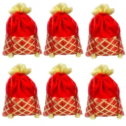 evisha Women's Red Velvet Satin Potli/Pouch/Handbag (25x18 cm) -6 Pieces image 1