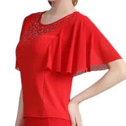 bnf® Elegant Women Dance Tops Bell Sleeves Short Sleeve for Cha Cha Practice Tops XL Red image 3