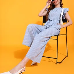 masalli fashion Women's Jumpsuit (Light Blue Stripe Printed Crepe Long Jumpsuit with Ruffled Sleeves & Waist Belt) image 5